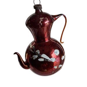 Antique German Mercury Glass Coffee Pot Ornament Cranberry Red Leaves 3 1/4"